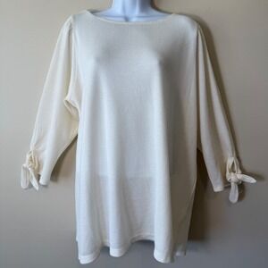 Max Studio London Knit Tunic Top‎ Ivory Long Sleeve Tie Cuff Boat Neck Large